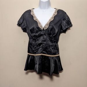 Peep Studio Black Satin White Lace Trim Short Sleeve Blouse M